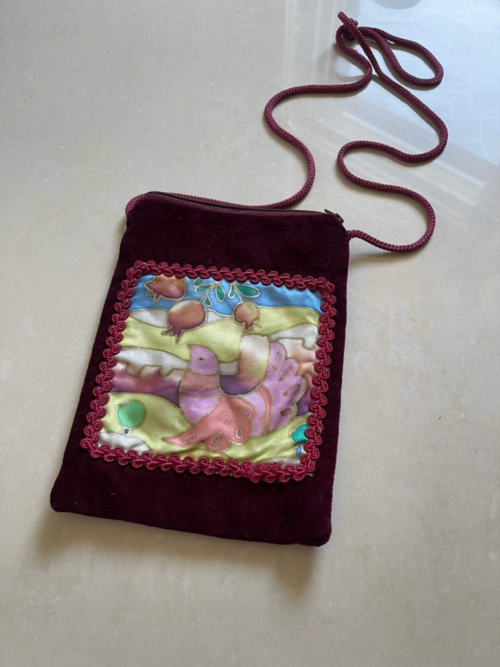 Handmade Burgundy Velvet Crossbody with Colorful Embroidered Bird Panel